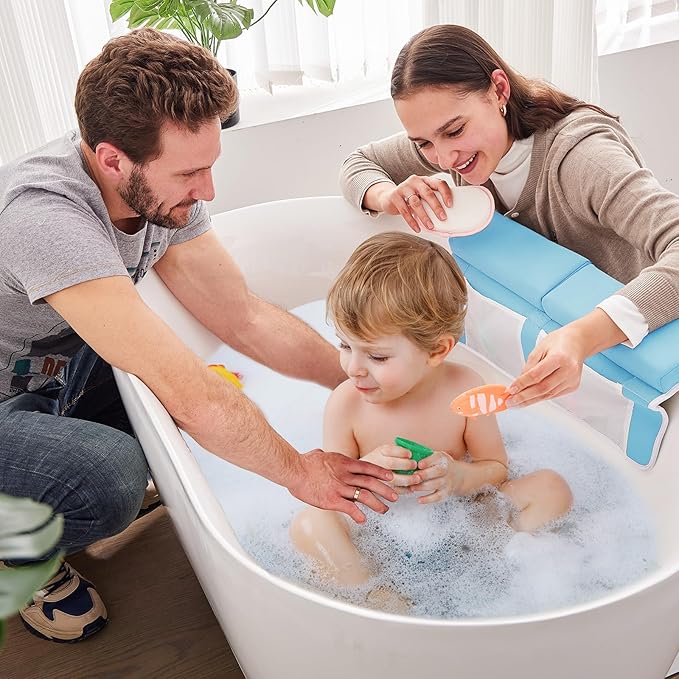 Baby Bath Kneeler and Elbow Rest Pad Set, Thick Soft Quick Dry Bathtub Mat with Toys Organizer, Blue