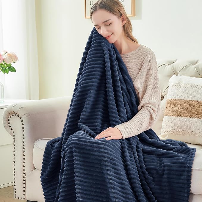 BEDELITE 3D Ribbed Jacquard Navy Blankets Queen Size for Bed, 90x90 Inch | Soft Warm Decorative Fluffy Blanket, Cozy Fuzzy Lightweight Plush Fleece Throw Blankets for Bed, Room Decor, Gift for Women