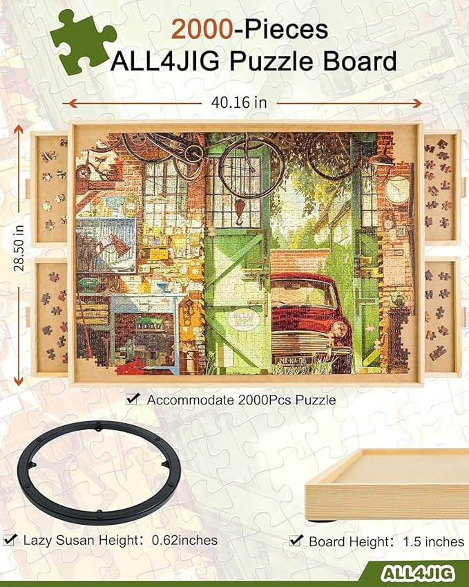 ALL4JIG 2000 Piece Rotating Puzzle Board with 4 Drawers and Cover, 28.5"x40.1"Portable Wooden Jigsaw Puzzle Table for Adults Portable, Lazy Susan Spinning Boards Birthday Gift for mom