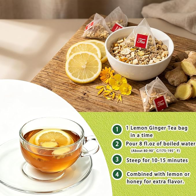 Samcci - Lemon Ginger Tea Bags, 50 Teabags - Great Hot or Iced – Aromatic, Natural, Pleasantly Spicy & Warming - Non-GMO - Caffeine-free - Support Healthy Digestion & Boost Immunity