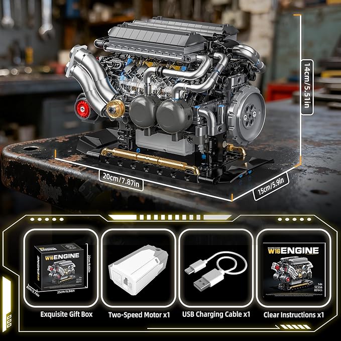 W16 Engine Building Blocks Set for Adults, STEM Mini 16-Cylinder Engine Model Kit that Runs, Compatible with Lego Car, DIY Physical Science Experiment Toy for Teens Boys 8-14+ (801 PCS)