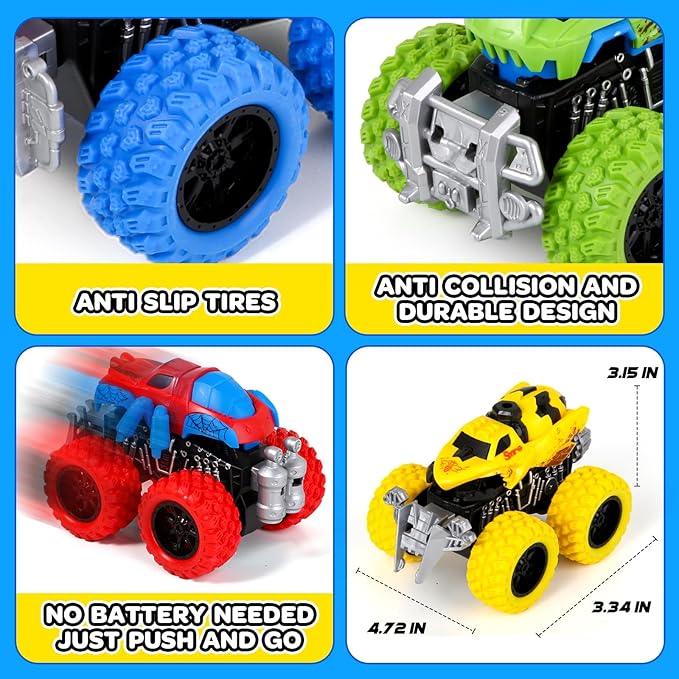 SpringFlower Monster Truck Toys for Kids 3-8, 6 Assorted Colors Friction Powered Push and Go Toy Trucks with Double-Direction Running, Ideal Christmas Birthday Gifts for Boys Teens Kids