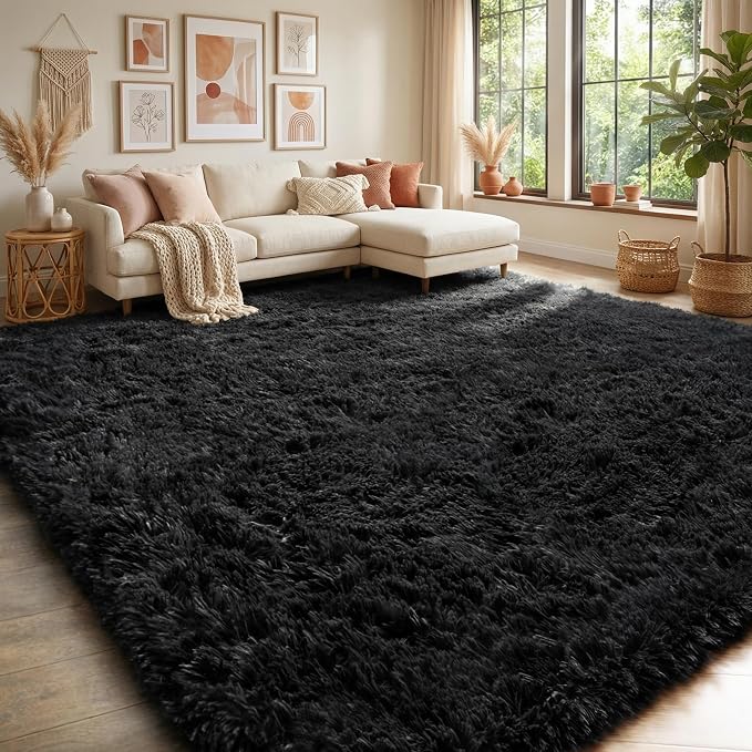 PAGISOFE 4x6 Fluffy Bedroom Rugs Black Modern Living Room Area Rug Fuzzy Shaggy Carpet Indoor Plush Nursery Rugs for Kids Room Furry Floor Rug for Boys Carpet for Teen Dorm Room Decor