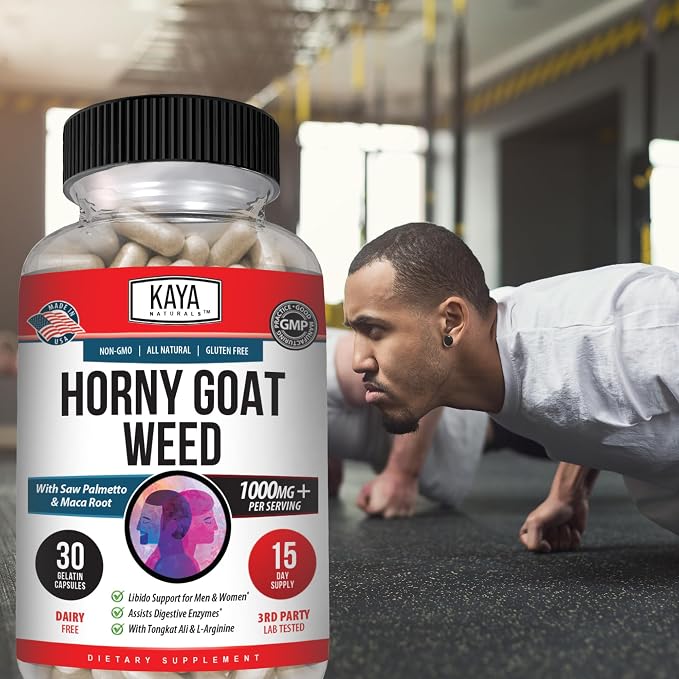 Kaya Naturals Horny Goat Weed for Men and Women - 1560mg Complex with Maca, Saw Palmetto, Ginseng, Arginine Vitamin Supplement - Horny Goat Weed - 30 Count