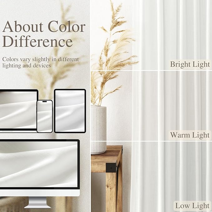Off White Large Window Curtains Light Filtering Semi Sheer Privacy Linen Textured Curtain for Patio Sliding Glass Door Extra Wide Rustic Farmhouse Drapes for Living Room Bedroom Sunroom 100x90 Inch
