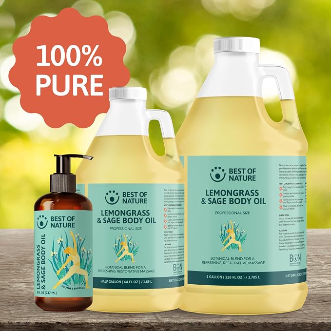 Best of Nature Lemongrass and Sage Massage Oil Blend - Non-Greasy Aromatherapy Massage Oil for Body, Skin & Face, Crafted with Pure Essential Oils, Gallon (128 fl oz)