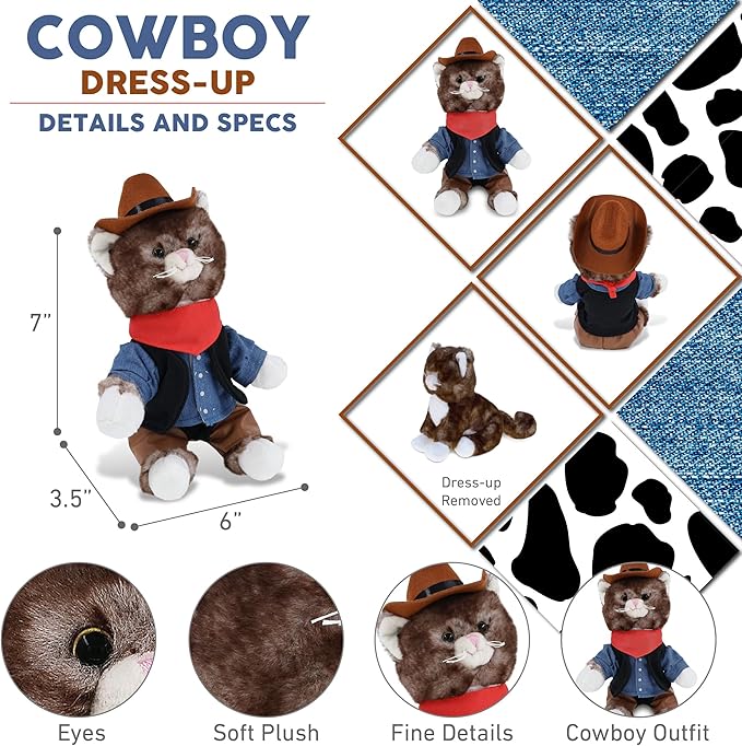DolliBu 7-Inch Personalized Cowboy Brown Cat Plush – Western-Themed Stuffed Animal with Denim Vest, Bandana, Leather Pants & Hat