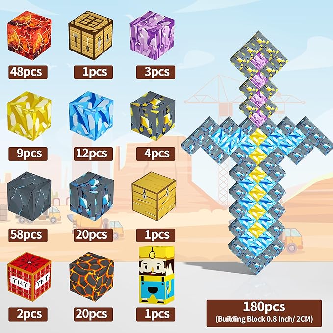 180PCS Magnetic Building Blocks for Kids - 0.8" Pixel Art Magnetic Cubes for Boys Ages 3 4 5 6 7 8-12, Sword Portal Magnet Block Set, STEM Sensory Educational Toys Ideal Birthday