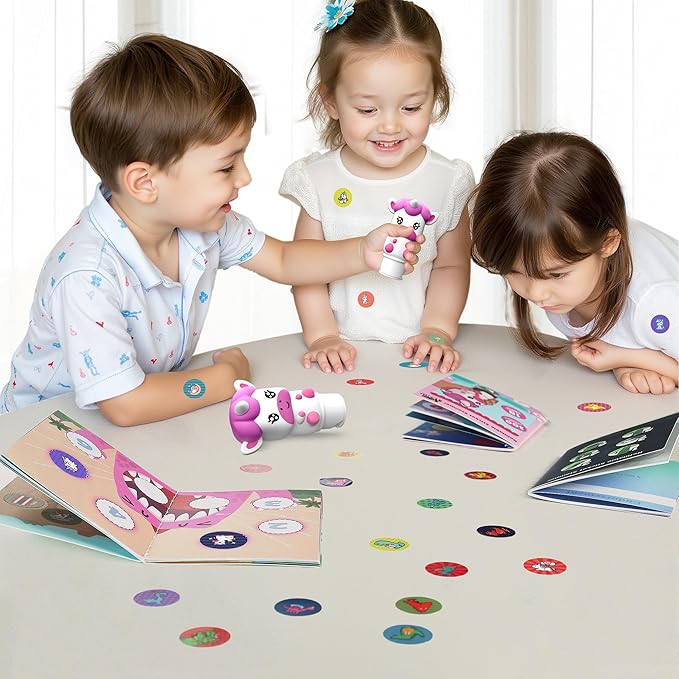 iPlay, iLearn Unicorn Stamp & Sticker Toy, 400+ Stickers & 18-Page Stamper Activity Book, Toddler Art Crafts Kit for Road Trip Travel, Creative Educational Birthday Gift 3 4 5 6 7 8 Year Old Girls Kid