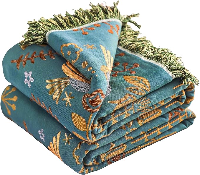 VANJOROY Boho Large Throw Blanket for Bed, 100% Muslin Cotton Soft Breathable Throw-Floral Bird Rustic Decor Blanket for Couch Sofa Quilt and Gift, 60" x 80"-Teal/Beige