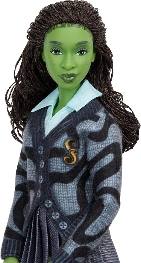 Mattel Universal Wicked Elphaba Fashion Doll & Accessories with Green Skin, Braided Black Hair, Posability & Removable School Uniform