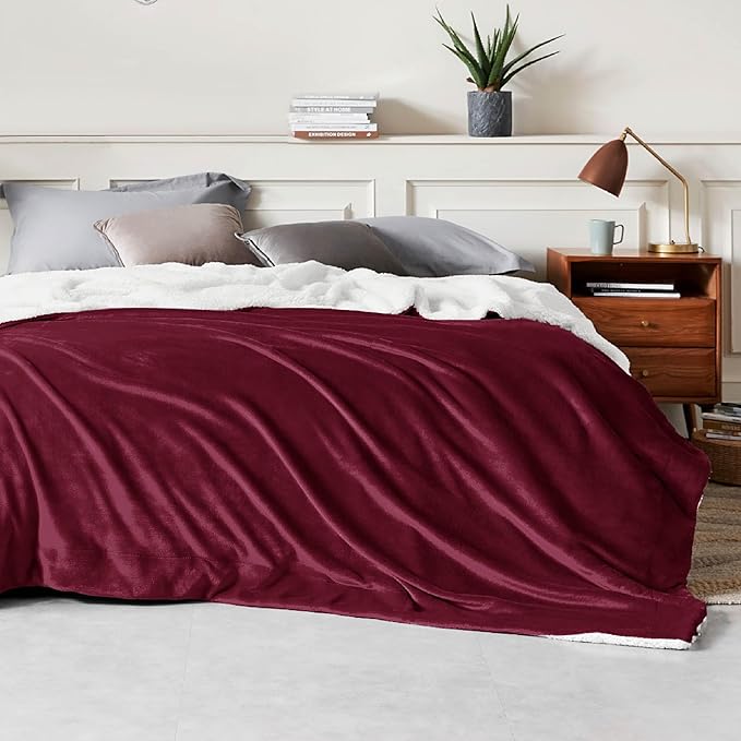 Bedsure GentleSoft Sherpa Fleece Blankets King Size for Bed, Non-Heated, Thick and Warm Throw for Girls and Women, Soft Fuzzy Plush King Blanket for Winter, Burgundy, 108x90 Inches