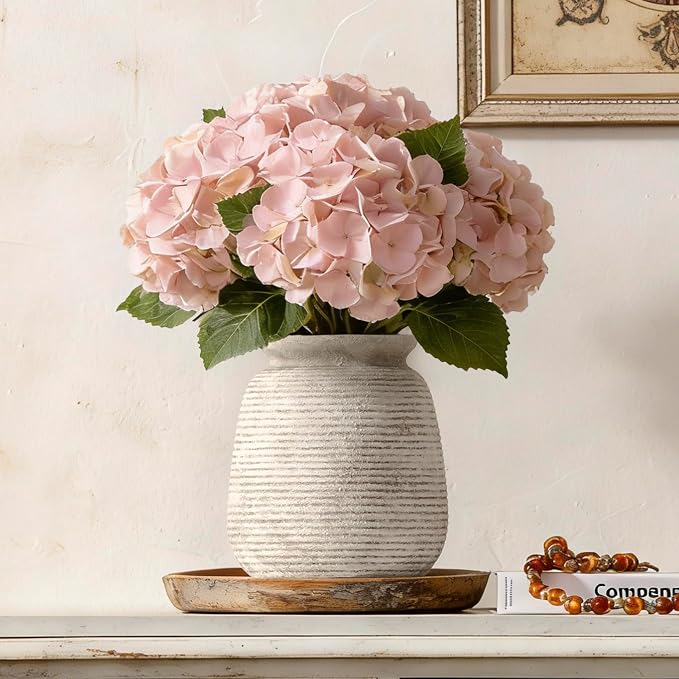 Ceramic Flower Vase, Rustic Farmhouse Decorative Vase Pottery Wide-Mouth Vases for Home Decor Table Entryway Mantel Bookshelf Living Room Bedroom Bathroom Kitchen - 7.48" D