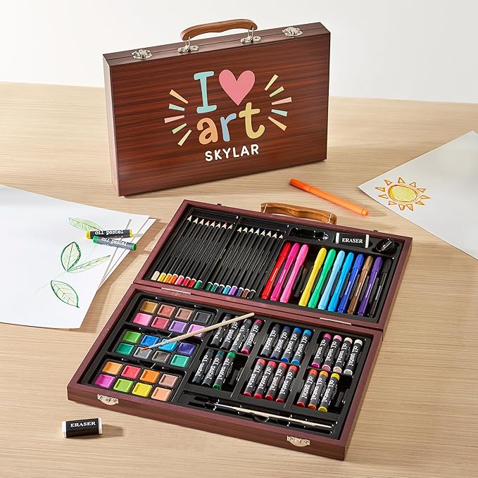 Let's Make Memories Personalized 80-Piece Deluxe Art Set - for Kids - Wood Carrying Case - Oil Crayons, Colored Pencils, Watercolors - Arts & Crafts - Palette Design - Add Name - I Love Art
