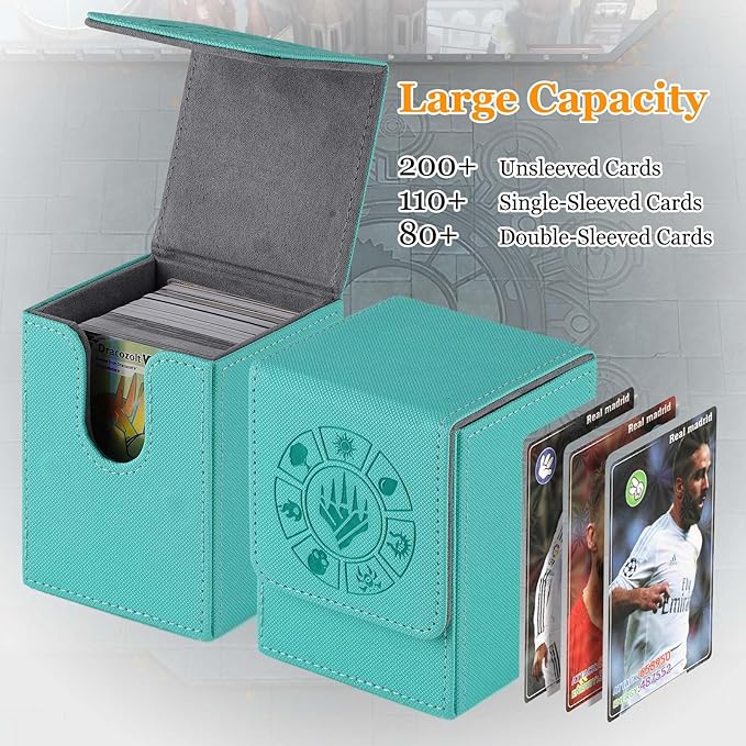 Arkeiliy Card Deck Box, 110+ Storage MTG Deck Box with 50 Pcs Card Sleeve, Collectible Trading Card Cases for Magic Commander and More (Turquoise)