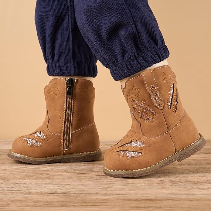 Newsonet Baby Cowboy Cowgirl Boots Infant Western Boots Toddler Boys Girls Round Toe Riding Mid Calf Boots All Seasons for 6 9 12 18 24 Months