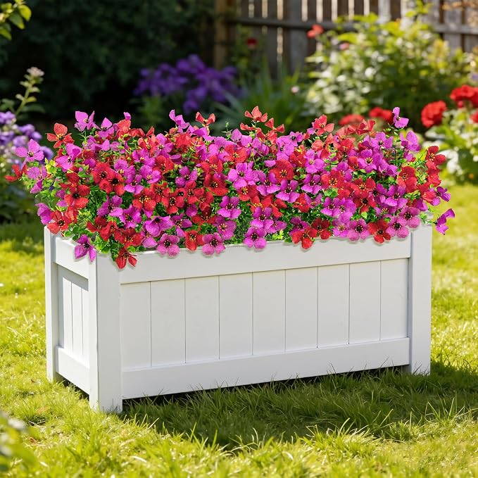 Ouddy Decor 16 Pcs Artificial Flowers for Outdoors Decoration, Purple & Red | Realistic, silk flowers, faux plastic plants, UV resistant, for summer garden porch window vase indoor outdoor home decor