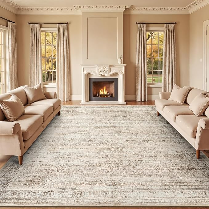 9x12 Area Rug for Living Room, Non-Slip Washable Beige Large Carpet | Soft Neutral Rugs for Bedroom, Dining Room, Home Office Indoor Nursery, Stain Resistant, Low Pile, Vintage Distressed Rug