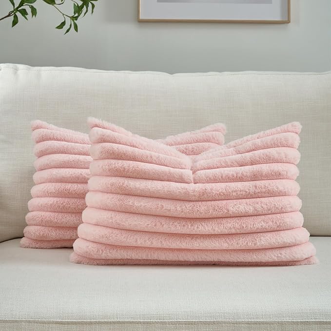 FUTEI Pack of 2 Faux Fur Throw Pillow Covers 12x20 Inch, Pink | Fluffy Faux Rabbit Fur Front/Premium Velvet Back,Hidden Zipper,Machine Washable,Non-Shedding,Colorfast,Insert Not Included.