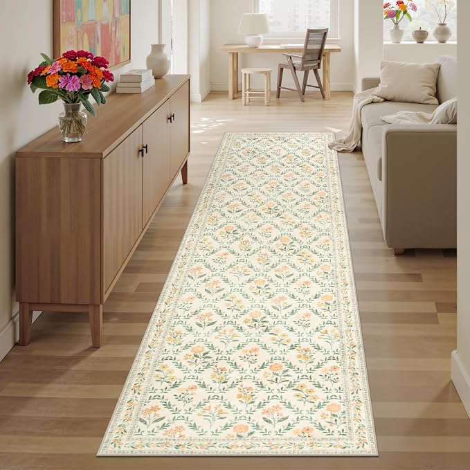 Runner Rug for Entryway: 2.6x10 Kitchen Rugs Non Slip Washable Ultra-Thin Soft Floral Carpet Indoor Floor Stain Resistant Carpets for Hallway Bedroom Kitchen Laundry Bathroom Dorm Beige/Multi