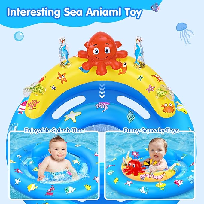 Baby Pool Float with Canopy, Inflatable Baby Swim Float with UPF50+ Sun Protection, Toddler Infant Pool Float with Toy Play Console Adjustable Safety Seat for Kids Girls Boys Aged 6-36 Months