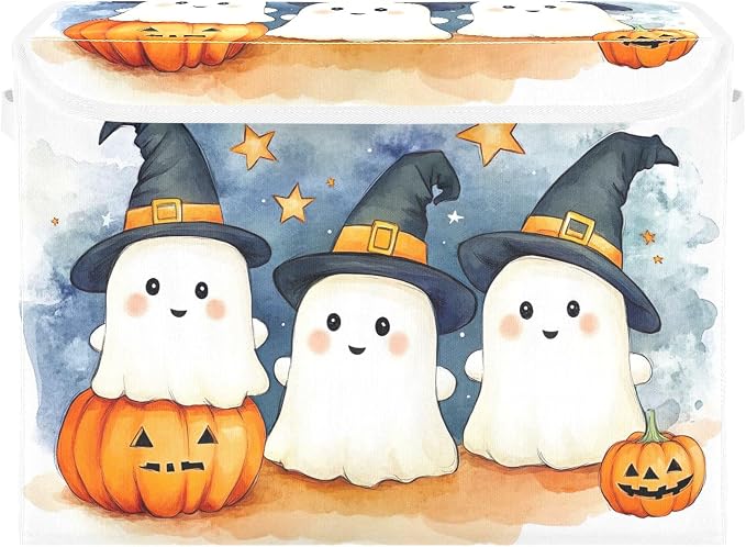 Cute Cartoon Ghosts Storage Bins with Lids and Carrying Handle,Foldable Storage Boxes Organizer Containers Baskets Cube with Cover for Home Bedroom Closet Office