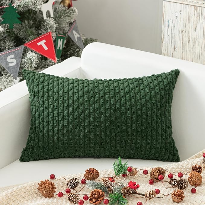 Kevin Textile Soft Corduroy 14"x24" Lumbar Pillow Cover 1 Pack, Dark Green | Boho Stripe Plush Corduroy Decorative Oblong Cushion Cover Modern Farmhouse Home Decor for Sofa Couch Bed Chair