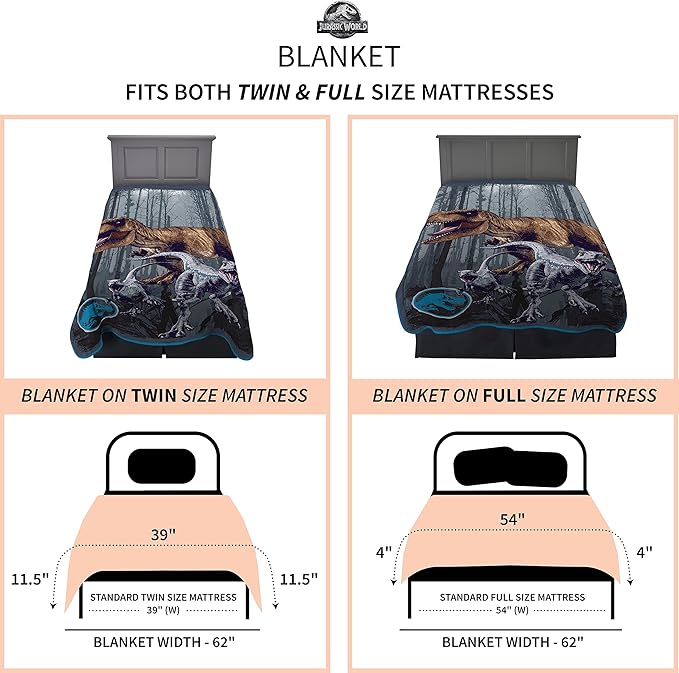 Jurassic World Dominion Blue Velociraptor and Rexy T-Rex Super Soft Plush Micro Raschel Blanket, 62 Inches x 90 Inches, Bedding by Franco Kids