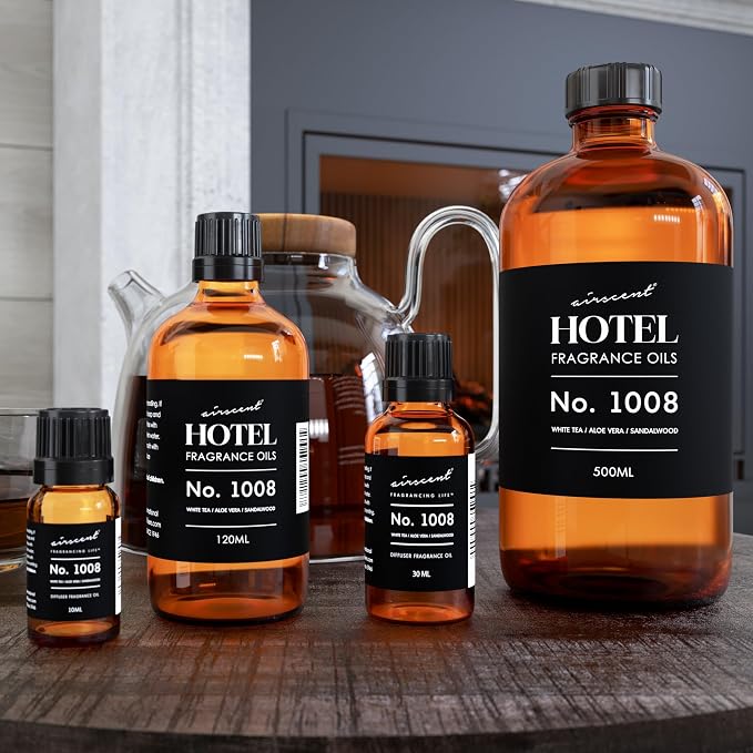AirScent Hotel Diffuser Oil No. 1008 - White Tea Aloe Sandalwood - 500 mL | Hotel Scent Dupe - Premium Fragrance Oil for Ultrasonic and Waterless Diffusers and Crafting - 16.9 fl oz Dropper Bottle