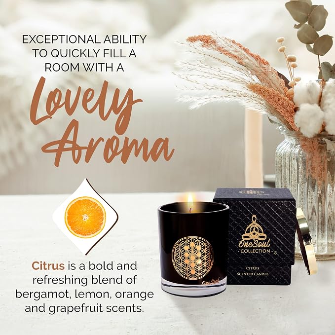 Citrus Aromatherapy Candle, Zesty Scented Candles, Luxury Candles Scented with Tree of Life Symbol, Hand-Poured Soy Candle, 50 Hours Burn Time, 7.6 oz. - OneSoul Collection