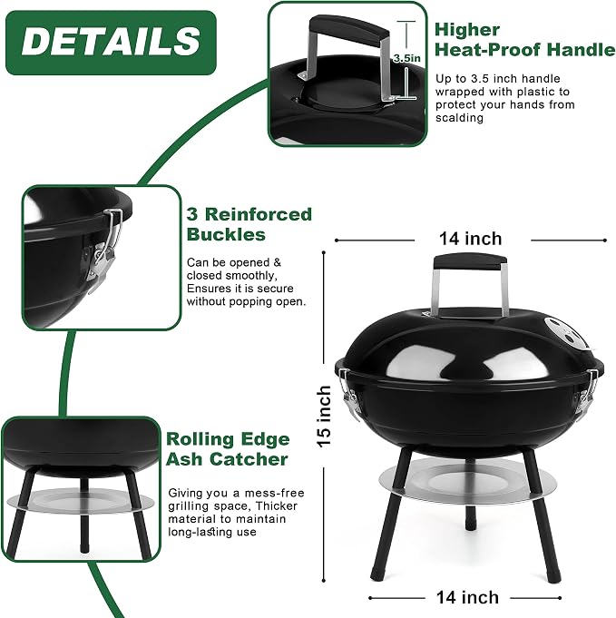 14 inch Charcoal Grill, Joyfair Small Portable Camping BBQ Kettle Grill | Outdoor Mini Barbecue Grill With Locking Lid for Patio/Tabletop/Tailgates Cooking Grilling, Enamel Coated & Dual Vent System