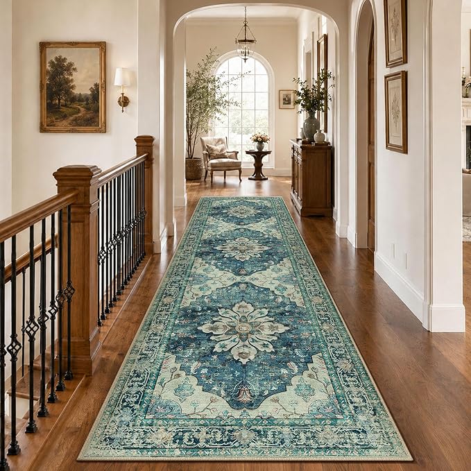RELEANY Area Rugs Runner 3'x10' Washable Non-Slip, Floral Vintage Distress Medallion Carpet for Kitchen Hallway Bedroom Beside Laundry Room Bathroom, Dark Blue Vintage