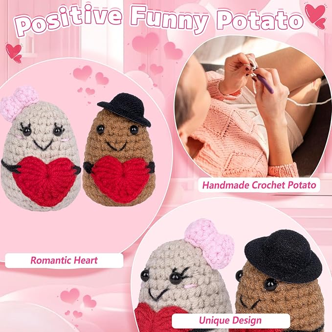 Positive Crochet Potato Funny Emotional Crochet Support Potato with Positive Gift Cards Suitable for Valentine's Day Gag Gift