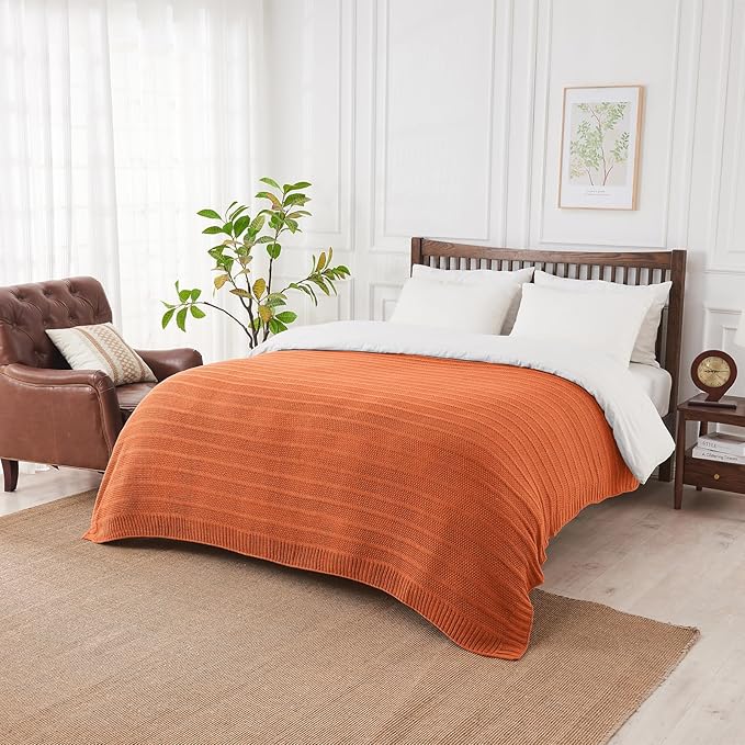 Douceur Rust Orange Throw Blanket for Bed, Soft Cozy Lightweight Stripe Pattern Knitted Throw Blanket for Sofa, Living Room Gift, 60"X80"