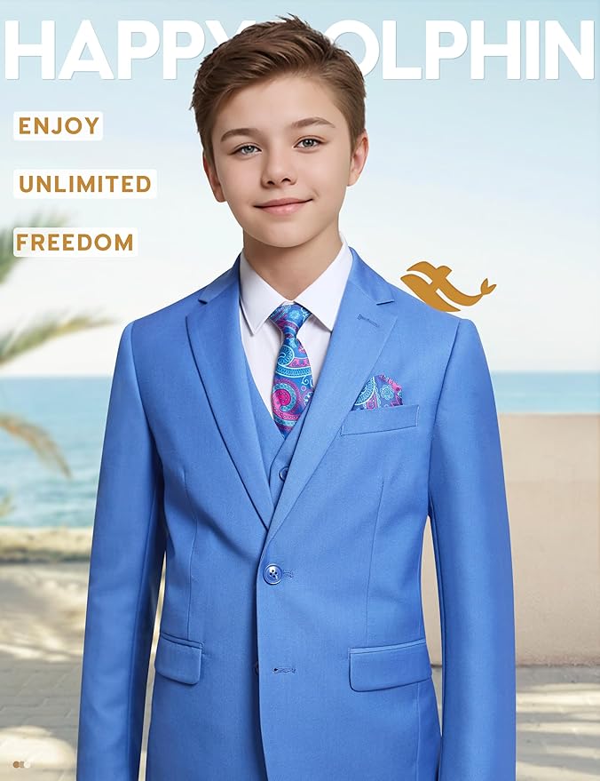 Happy Dolphin Boys Suit Set Modern Fit Kids Suits Adjustable Waist Boys Wedding Outfit for Boy Communion Suits for Boys