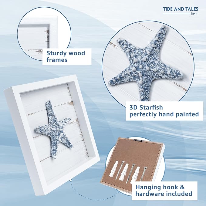 Tide and Tales 3D Starfish Wall Art, Framed Set of 3, Beach Bathroom Decor | 7" x 7", Coastal Wall Decor, 3D Textured Seashells, Ready to Hang, Fade Resistant, Gift Boxed, Hardware Included