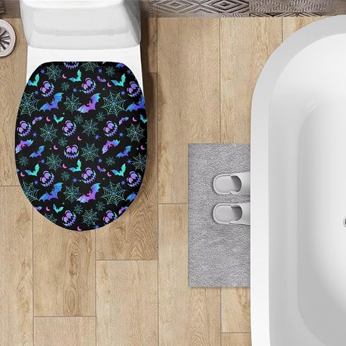Toilet Seat Cover, Flannel Soft DustProof Toilet Lid Cover, Fits Most Most Round, Elongated and Oblong Toilet Lid Cover-Halloween Bat Design