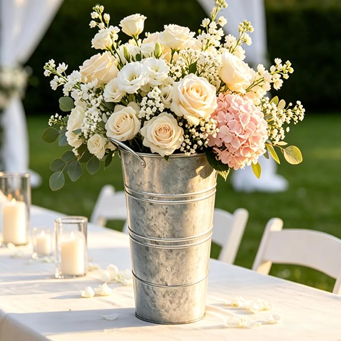 12 Inch Galvanized Metal Flower Buckets, Set of 6 - Rustic Tin Vases with Handles for Farmhouse & Wedding Decor, Tall Planters for Cut Flowers, Table Centerpiece & Home Organization