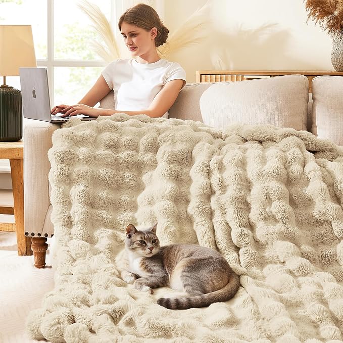 L'AGRATY Faux Rabbit Fur Throw Blanket for Couch, 90'' x 90'' Almond White | Soft Cozy Bubble Fluffy Blanket for Sofa Bed, Thick Warm Plush Fuzzy Throw for Room Home Decor, Luxury Gift for Women Mom
