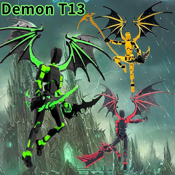 T13 Action Figure Already Assembled, Devil Wings Titan 13 Action Figure 3D Printed T13 Action Figures Set, T 13 Robo 13, Lucky 13, Gift for Dummy Collectors Desktop Decorations (Black Gold)