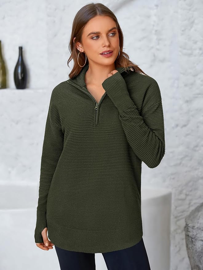 PRETTYGARDEN Womens Long Sleeve Quarter Zip Pullover Sweater Casual Loose V Neck Collared Ribbed Knit Jumper Tops Thumb Hole