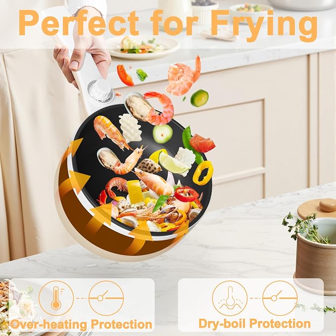 Dezin Electric Pot, 1.5L Non-Stick Portable Hot Pot Electric Upgraded, 700W | Dual Power, Electric Pot for Cooking Steak, Egg, Oatmeal, Mini Ramen Cooker for Dorm, Travel, Camping, RV, Office, Beige Pan