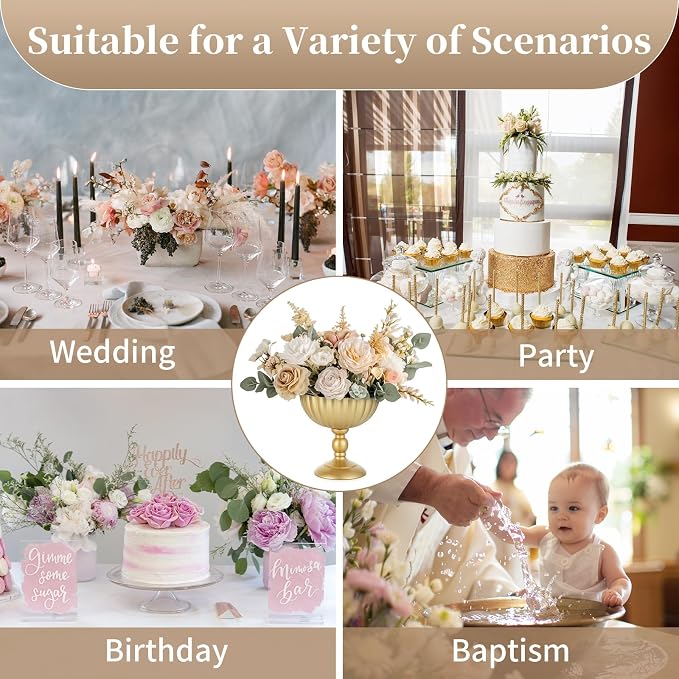Sziqiqi Gold Urn Vase for Wedding, Tall Vases Centrepieces for Table, 10Pcs | 7.9in Compote Vase, Metal Flower Holder for Floral Arrangement, Pedestal Footed Bowl for Birthday, Party, Anniversary