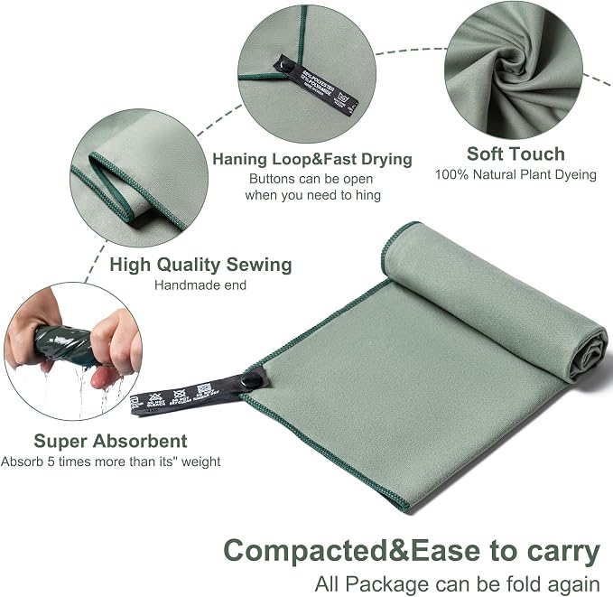Aegero Camping Towel,2 Pack Microfiber Travel Sports Towel,Quick Dry-Super Absorbent-Ultra Compact-Ultra Soft-Lightweight.Suitable for Gym,Yoga,Trip,Beach, Shower, Backpacking,Pool(Army Green)