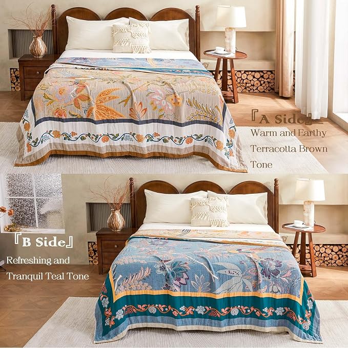 XIBLC Boho Blanket, 100% Cotton Farmhouse Decorative Throw Blanket, 90"x98" Reversible Bohemian Throw Blanket, Brown All Season Muslin Breathable Woven Blankets Quilt
