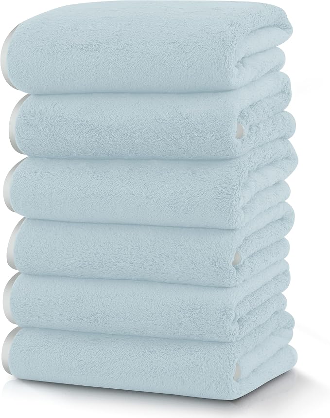 TENSTARS Silk Hemming Hand Towels for Bathroom - Quick Drying - Ultra Soft Microfiber Absorbent Towel for Bath Fitness, Gym, Shower, Hotel, and Spa - 16x28 Inch | Set of 6, Light Teal