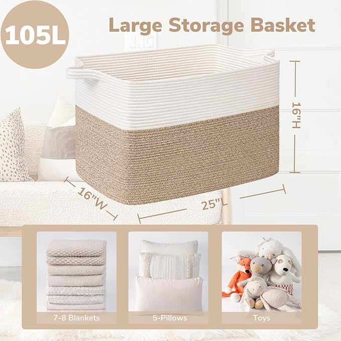 Goodpick 105L Extra Large Woven Rope Blanket Basket, White & Light Brown | 25'' x 16'' x 16'' Storage Basket for Blankets, Toys & Pillows, Living Room & Bedroom Organization, Reinforced Handles