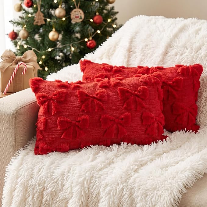 Mixweer Red Bow Pillow Covers Set of 2 Preppy Room Decor Coquette Cute Spring Summer Decorative Faux Fur Soft Bowknot Stuff Fluffy Plush Aesthetic Pillowcase for Bed Sofa Couch (12 x 20 Inch)
