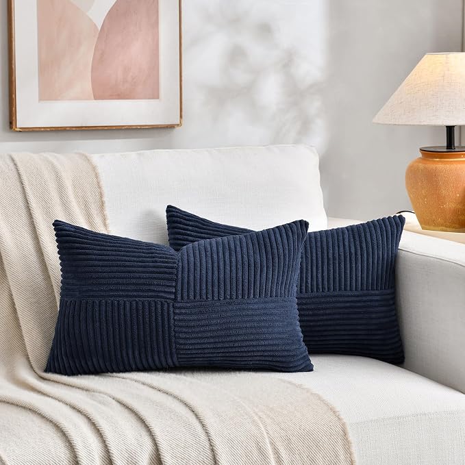 Fancy Homi 2 Packs Navy Blue Lumbar Decorative Throw Pillow Covers 14x24 Inch for Couch, Rustic Farmhouse Boho Home Decor, Soft Striped Corduroy Rectangle Accent Cushion Case 35x60 cm