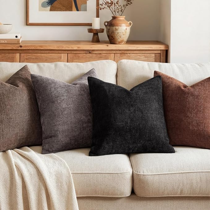 MIULEE Textured Chenille Throw Pillow Covers 22x22 Inch Black | Pack of 2 Decorative Soft Throw Pillows, Solid Textured Cushion Covers, Modern Home Decor for Couch Sofa Bedroom Living Room